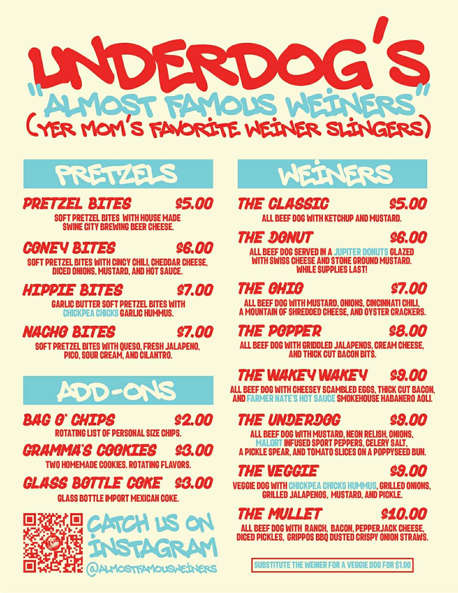 Underdog's Almost Famous Weiners Menu